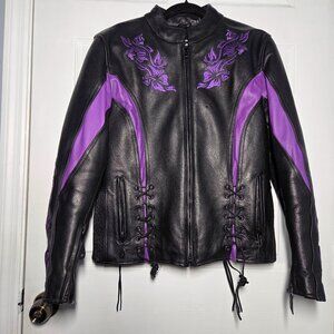 Xelement Advanced Motorcycle Black Purple Leather Zip Out Liner Jacket - Size: M